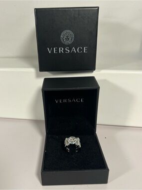 Versace Medusa Crystal Statement Ring Silver Blue Size 6